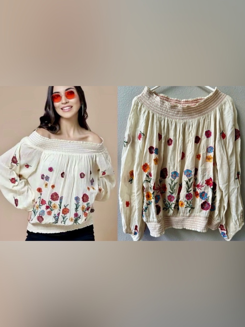 ARATTA SILENT JOURNEY FLORAL EMBROIDERED OFF-SHOULDER 100% COTTON BOHO TOP Sz.L